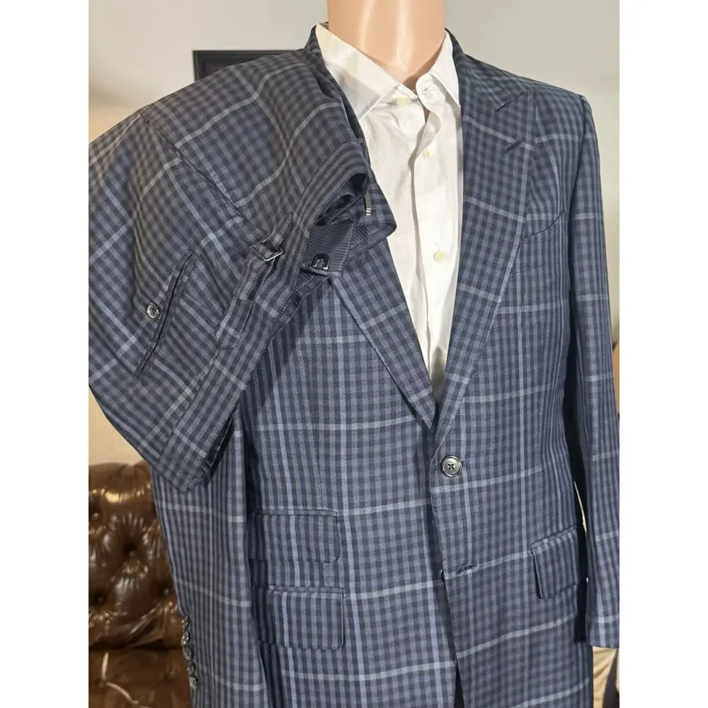 Tom Ford Blue Plaid Peak Lapel Suit Silk 48 38R US O'Connor 34x27 Trousers